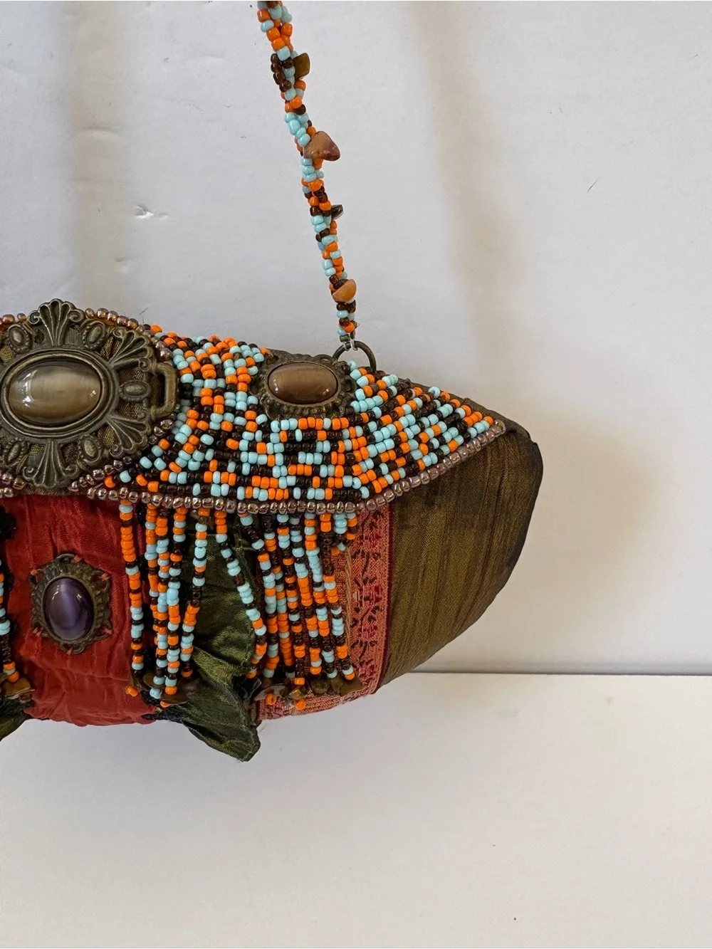 VNTG Mary Frances‎ Ember Oracle Beaded Ruffle Clutch Bag Artsy Brown Satin Fairy
